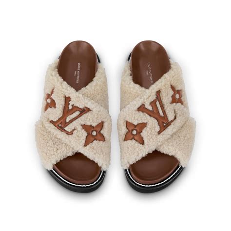 louis vuitton slippers fluffy|Louis Vuitton flat mule slippers.